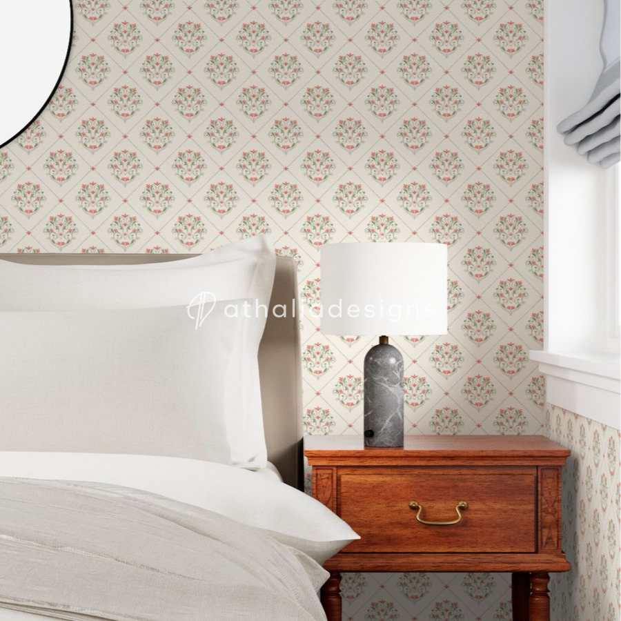 Wallpaper in Floral Trellis Watercolor Red Flower Small