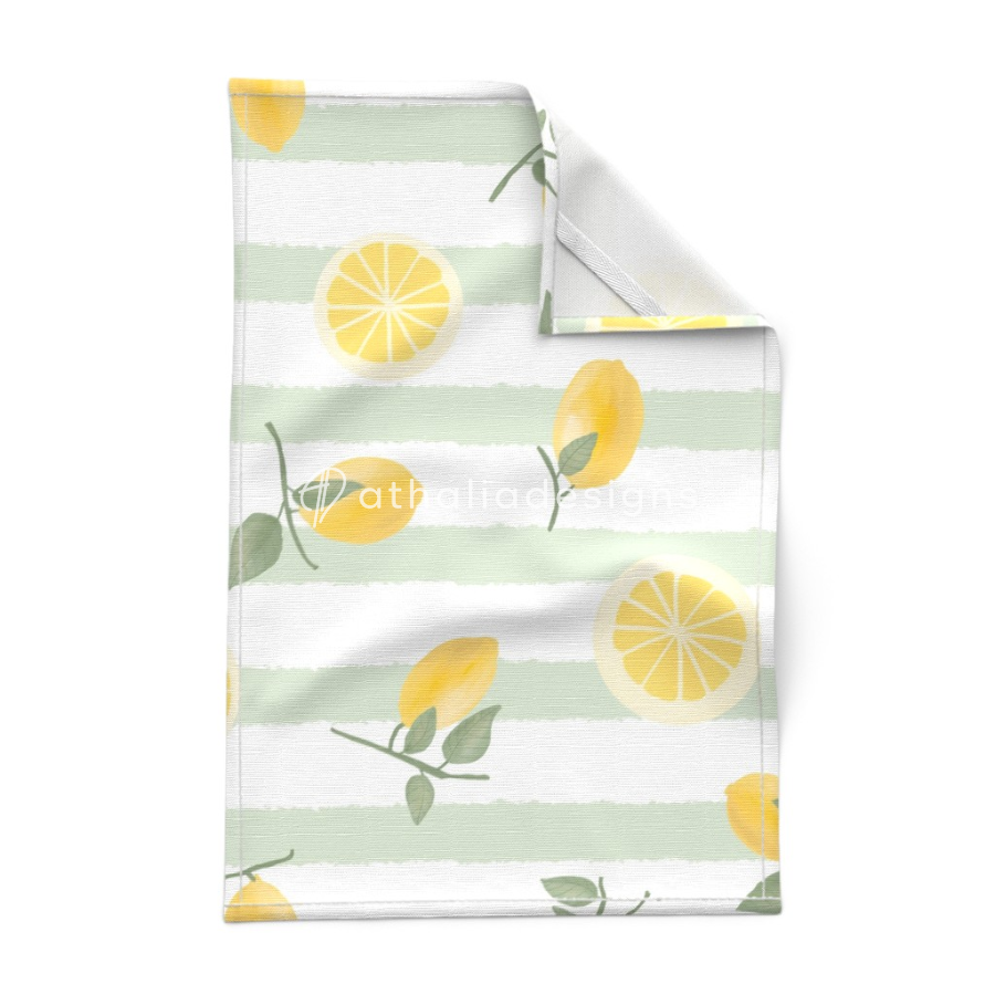 Tea Towel in Hand Drawn Lemon Fruit Grand Millennial Cottagecore Stripes in Sage Green