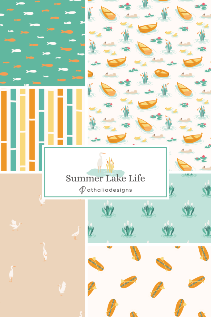 Summer Lake Life Pattern Collection, showing canoes, paddleboards, cattail, otter, duck or heron bird, and bold stripes.