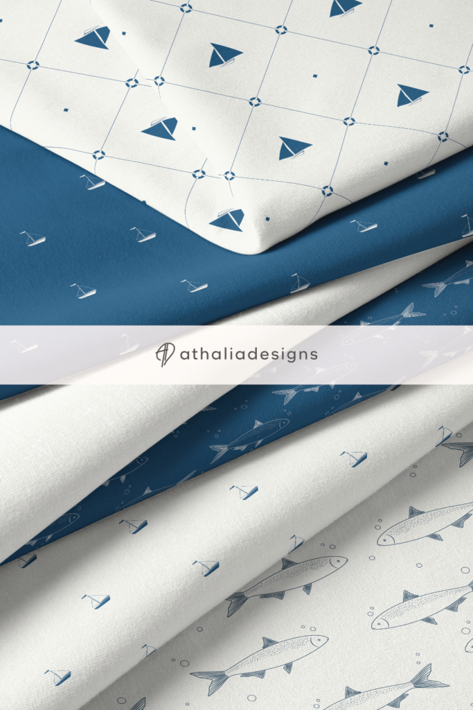 Mediterranean Fish Pattern Designs on a stack of Jersey Fabric.
