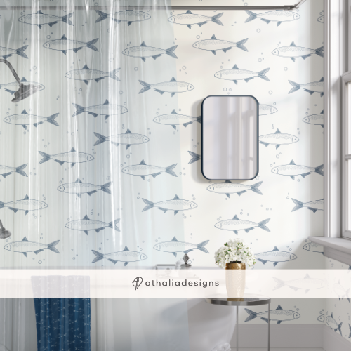 Mediterranean Fish Wallpaper on the Bathroom, Cream background,.