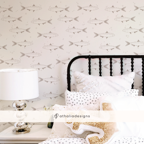 Mediterranean Fish Wallpaper with Pink Background on a girl's room.
