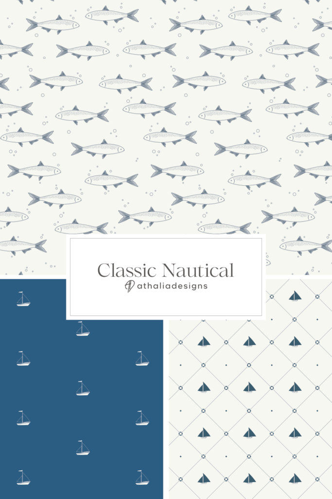 Mediterranean Fish Pattern Designs with cream and blue background.